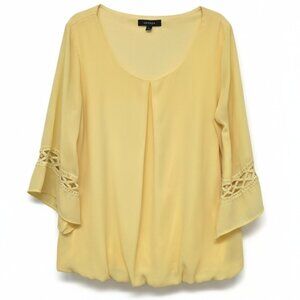 CORVIA*SUNNY YELLOW BLOUSON BLOUSE W/CROTCHET LACE & INVERTED PLEAT*SIZE: L